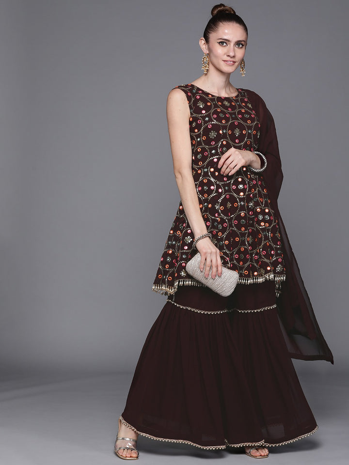 Made to Measure Sequence & Mirror Embroidery Peplum Sharara Suit Set With Pearl Tassels