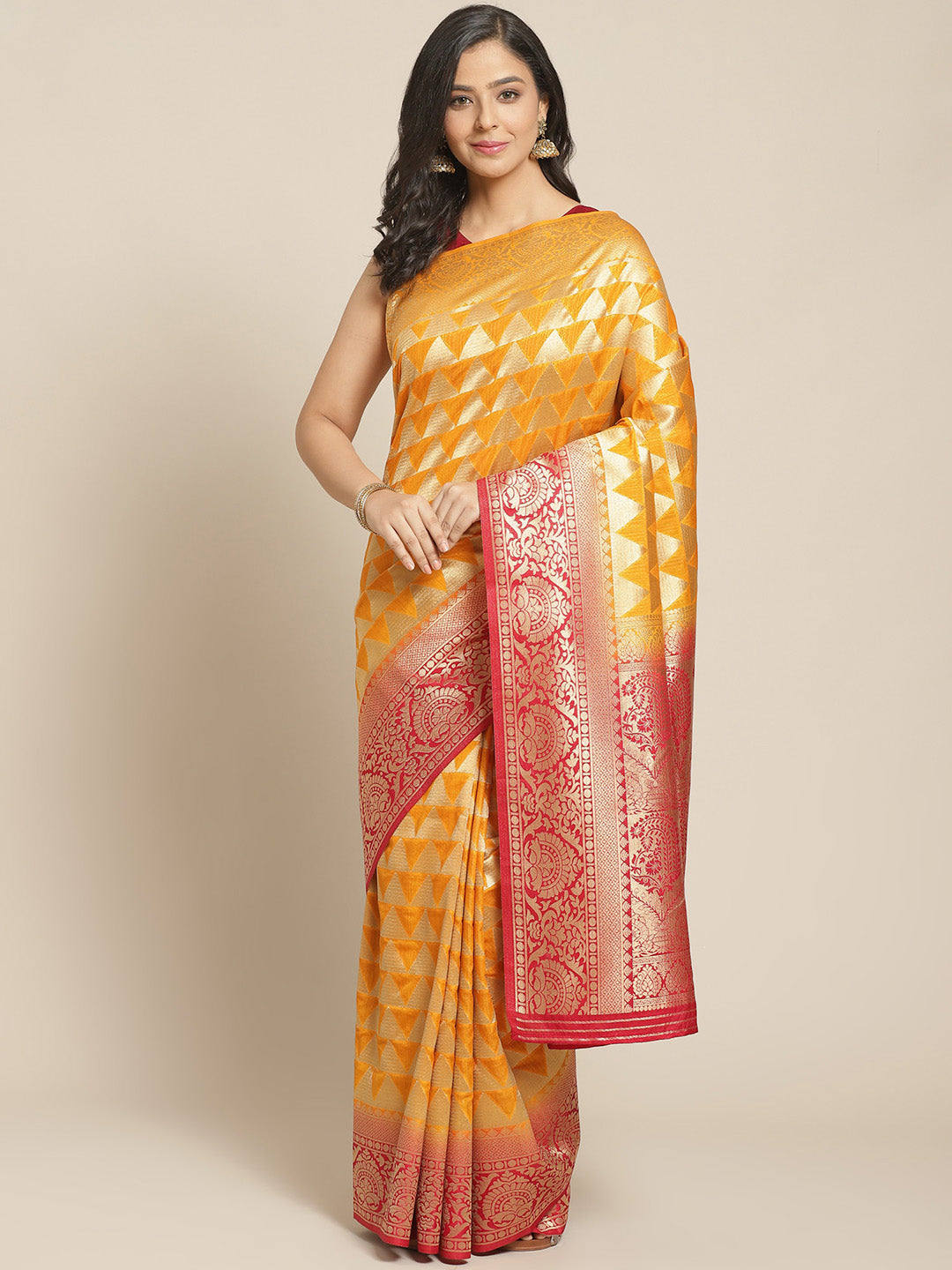 Mustard Banarasi Handloom Woven Saree in Geometrical Pattern & Ethnic Contrast Border