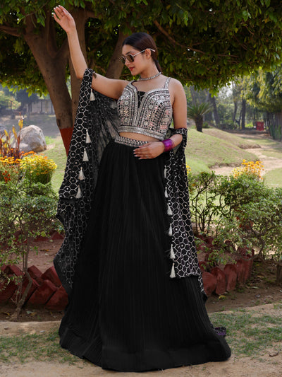 Chhabra 555 Pleated Lehenga with Stylish Embroidered Crop top blouse and Asymmetrical Cape Jacket 