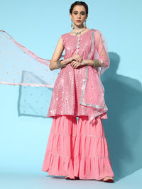 Chhabra 555 Peplum Flared Sequin Embroidered Suit with Tiered Sharara & Embellished Net Dupatta