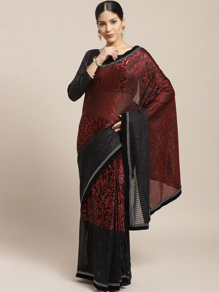 Lycra Paneled Red Black saree with Crystal Embellished border and Self Brocade Pattern
