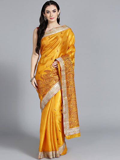 Chhabra 555 Mustard Tussar Silk saree with Resham embroidery and paisley pattern Saree
