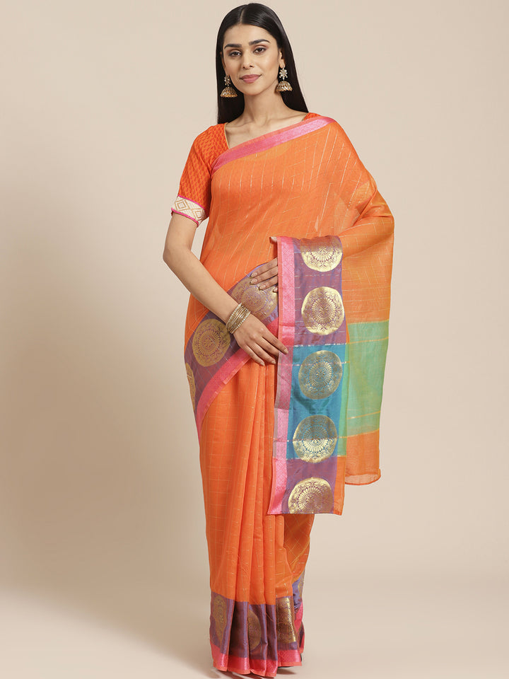 Banarasi Chanderi Checkered Saree with Geometrical Gold Zari Motifs in multicolor Border