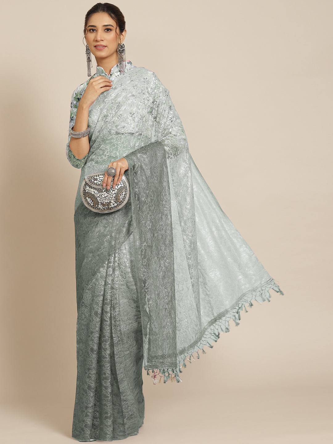 Chhabra 555 Chantilly Lace Ombre Saree With Floral Shiffli Embroidered Blouse and Tassled Pallu