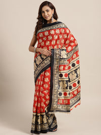 Chhabra 555 Red Black Printed Colorblocked Bhagalpuri Saree with Peacock, and Floral motifs
