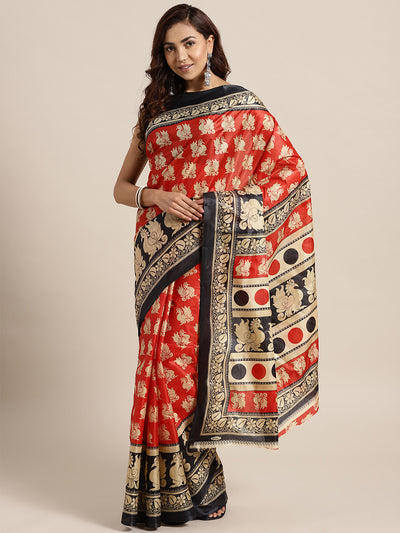 Chhabra 555 Red Black Printed Colorblocked Bhagalpuri Saree with Peacock, and Floral motifs