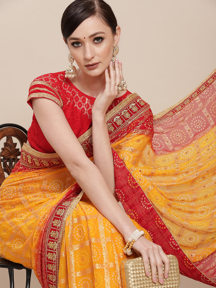 Chhabra 555 Yellow Ombre Chiffon Bandhej Printed Embellished Bridal Saree