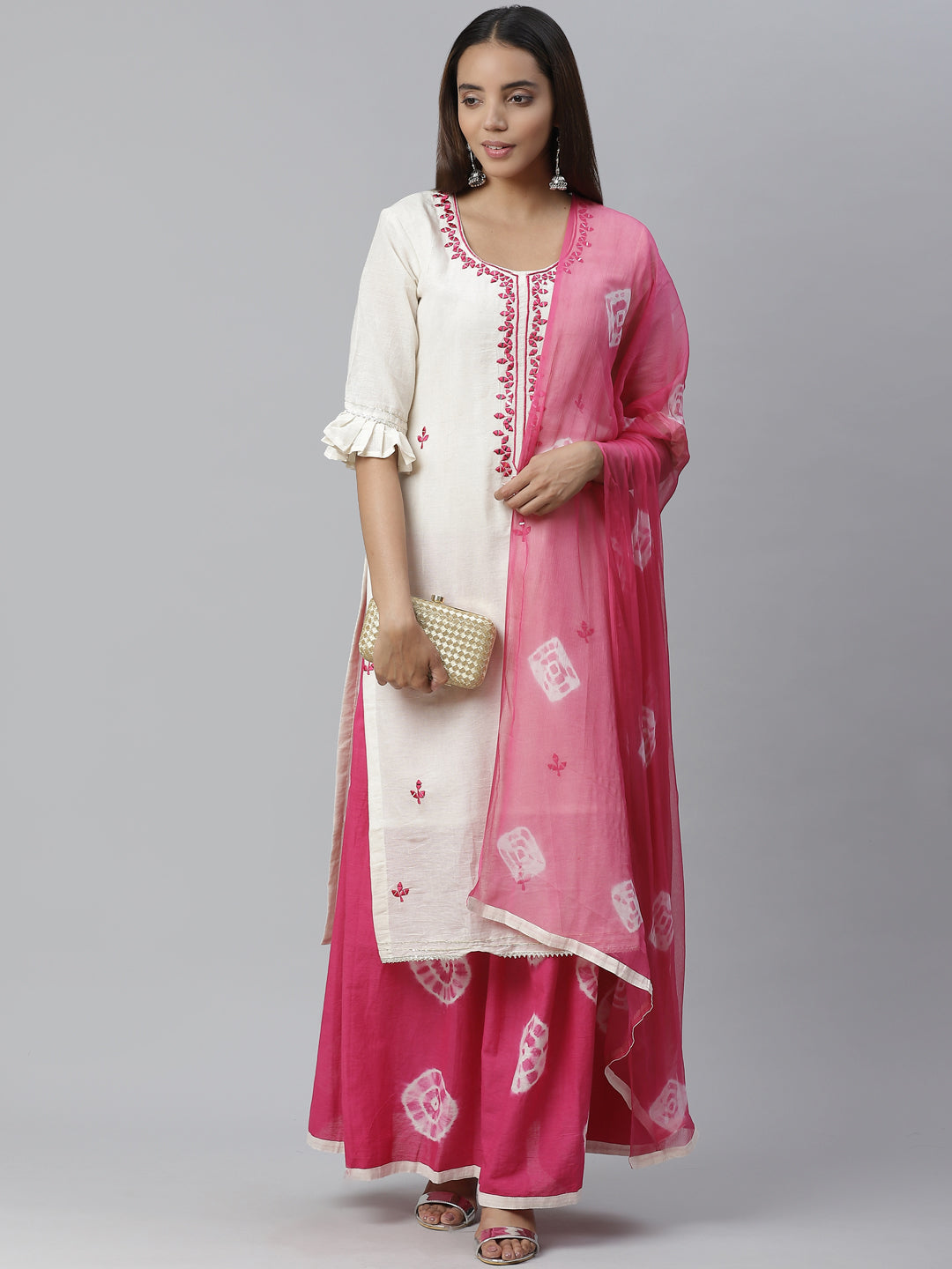 Jute Cotton Embroidered Kurta Set with Bandhej Palazzo and Mirror Embellishments