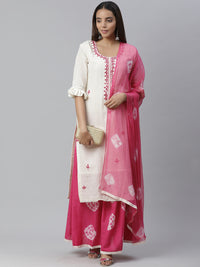 Jute Cotton Embroidered Kurta Set with Bandhej Palazzo and Mirror Embellishments