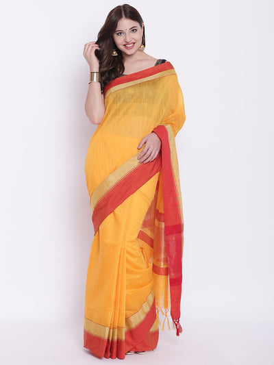 Chhabra 555 Mustard Yellow Handloom Cotton Silk Saree with Contrast Gold Red Border and Tassels