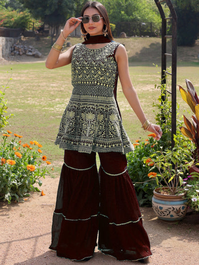 Chhabra 555 Made to Measure Aari and Sequin Embroidered Peplum Kurta Set with Tiered Sharara