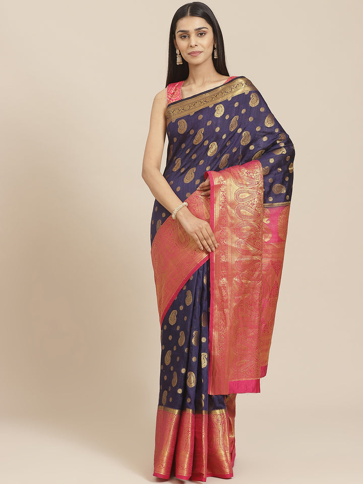 Kanjeevaram Dupion Silk Saree with Gold Zari Weaving in Contrast Paisley Pattern Border