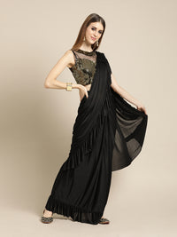 Black Ruffled Draped Pre-Stitched Frills Lycra Saree with Gold Metallic Blouse