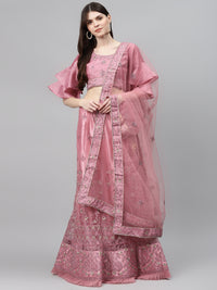 Net Semi-stitched Lehenga Set with Floral Metallic & Resham Embroidery & Frill Hemline