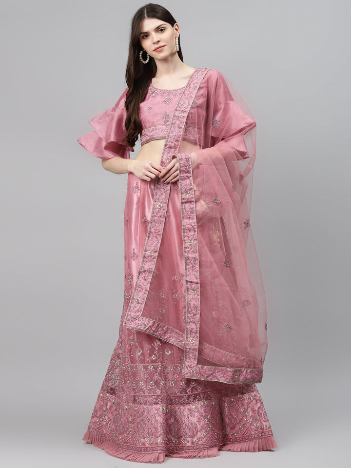Net Semi-stitched Lehenga Set with Floral Metallic & Resham Embroidery & Frill Hemline