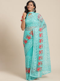 Net Resham Embroidered Saree with multicolor flowers and crystal Embellishments