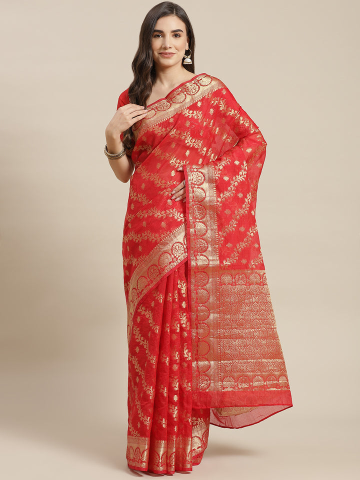 Chhabra 555 Red Jamdani Chanderi Saree with Leheriya pattern Zari Weaving & Embellished Belt

Color: Red

Type: Jamdani Sarees

Pattern: Woven Design

Pattern Type: Ethnic Motifs

Ornamentation: Zari

Border: Woven Design

Fabric: Silk Blend

Saree length: 5.50 mtr., Width: 1.10 mtr, Blouse length: 0.85 mtr
Dry Clean Only

The CAD image gives a detailed look of the actual blouse piece that comes with this saree. The blouse used by the model in the pictures is only for styling purpose.