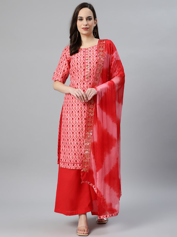 Ikat Inspired Cotton Unstitched Suit with Chiffon Gotta Patti Embroidered Dupatta