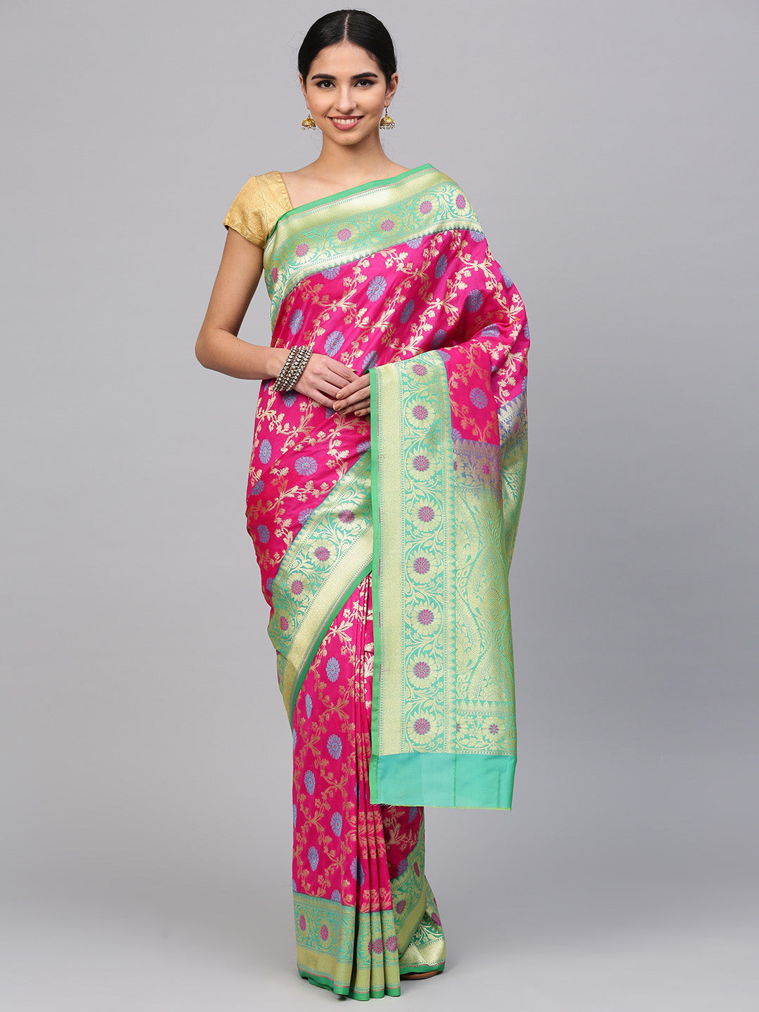 Chhabra 555 Magenta Jaal Floral Meena Work Pattern Wiith Heavy Zari Border Banarasi Saree With Blouse Piece