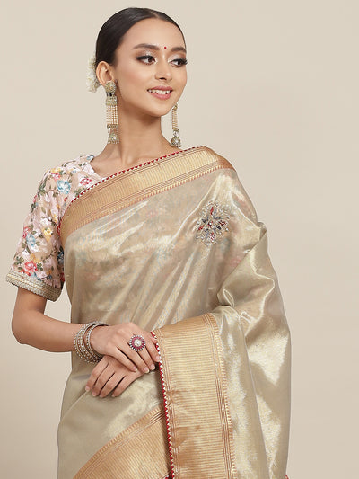 Chhabra 555 Grey Crystal Embellished Chanderi Silk Saree with Zari & Cutdana Embroidery