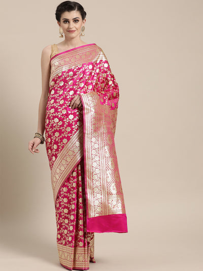 Chhabra 555 Kanjiwaram inspired silk saree with intricate zari weaving in a jaal pattern

Color: Pink

Type: Kanjeevaram Sarees

Pattern: Woven Design

Pattern Type: Ethnic Motifs

Ornamentation: Zari

Border: Zari

Fabric: Silk Blend

Saree: 5.4 mtr., Width: 1.10 mtr, Blouse: 0.80 mtr
Dry Clean Only

The CAD image gives a detailed look of the actual blouse piece that comes with this saree. The blouse used by the model in the pictures is only for styling purpose.