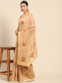 Chhabra 555 Beige Floral Resham Thread Embroidery Cotton Tussar Saree with Gold Zari Border