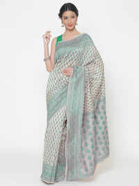 Chhabra 555 Cream Turquoise Cotton Silk saree with handloom weaving floral patterns