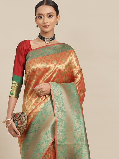 Chhabra 555 Red & Green Gold Zari Embellished Peacock Motifs Banarasi Silk Saree with Tassels 