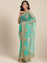 Teal Satrangi Green Net Fancy Zari and crystal Embellished Saree With Resham Embroidery