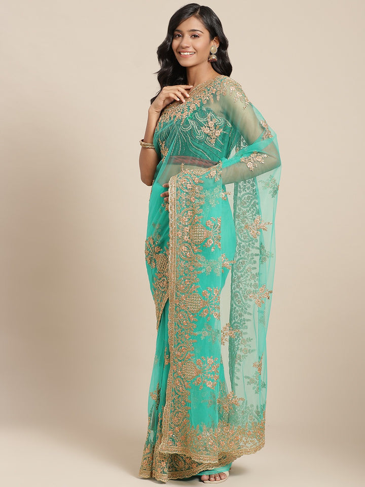 Teal Satrangi Green Net Fancy Zari and crystal Embellished Saree With Resham Embroidery