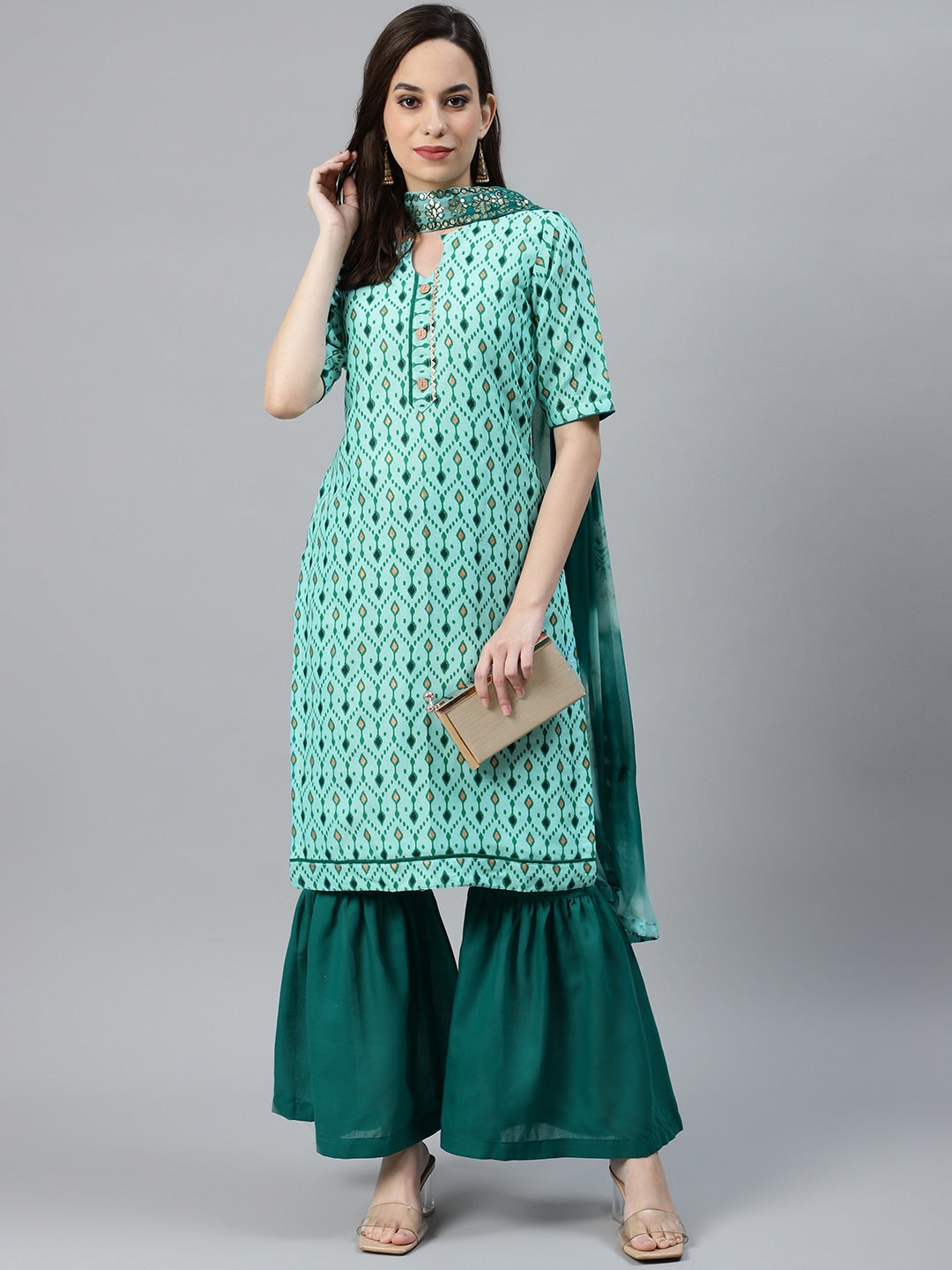 Ikat Inspired Cotton Unstitched Suit with Chiffon Gotta Patti Embroidered Dupatta