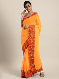Chhabra 555 Mustard Georgette Saree With Bandhej  & Banarasi Woven Contrast Border & Red Bandhej Blouse
