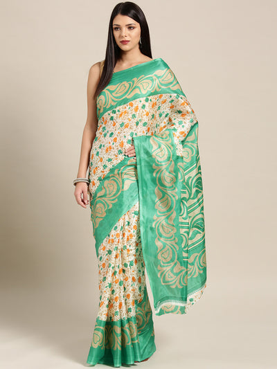 Chhabra 555 Beige Teal Printed Bhagalpuri Saree with Multicolor Floral and Paisley motifs