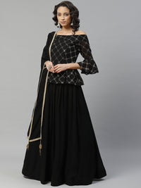Made to Measure Black Georgette Mukaish Work Lehenga Set with Frilled Blouse & Dupatta