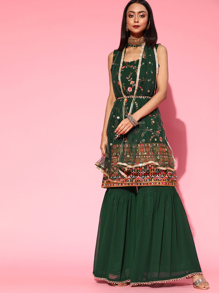 Made to Measure Resham Mirror Embroidery Sharara Suit Set & Beads Embellished Dupatta