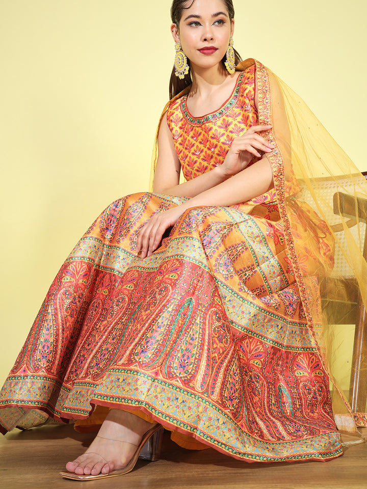 Chhabra 555 Mustard Yellow Crop Top Lehenga Set with Paisley Floral Digital Print & Net Dupatta