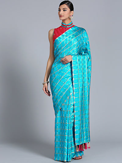 Chhabra 555 Blue Checkered Gharchola style Silk Saree with Peacock motif Embroidered Blouse