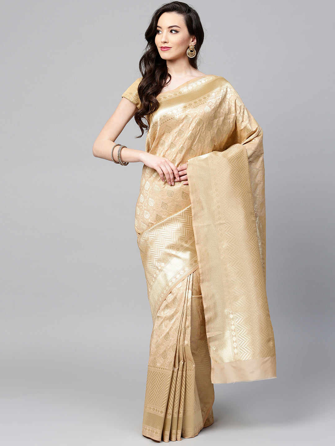 Chhabra 555 Golden Jaal Mughal Intricate Pattern Wiith Heavy Zari Border Banarasi Saree With Blouse Piece