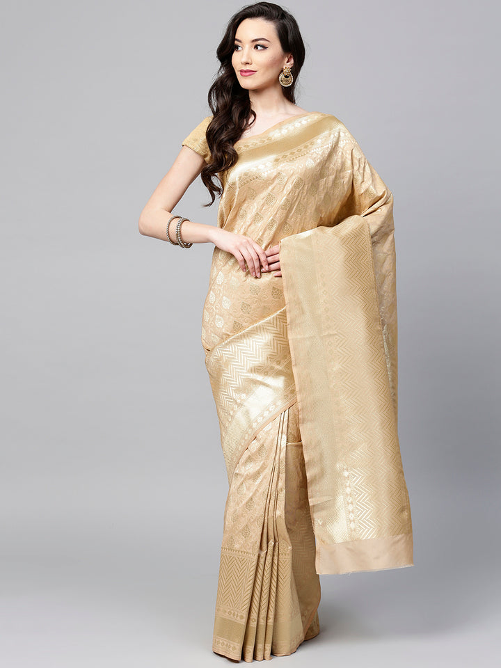 Chhabra 555 Golden Jaal Mughal Intricate Pattern Wiith Heavy Zari Border Banarasi Saree With Blouse Piece