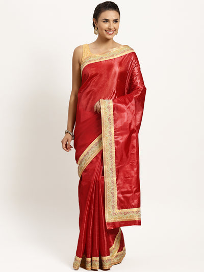Chhabra 555 Red Tussar Silk Banarasi saree with meenakari pattern border