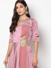 Chhabra 555 Made to Measure Pastel Applique Floral Embroidery Cocktail Gown with Cutouts and Attached dupatta