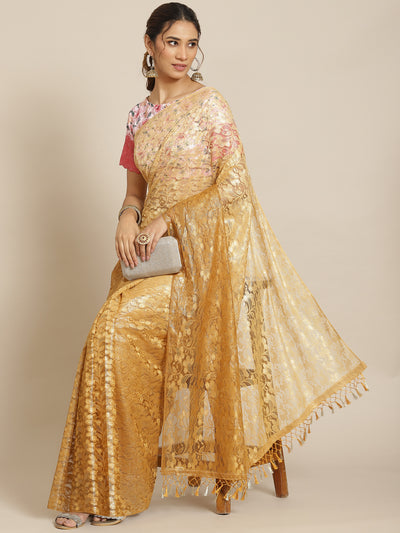 Chhabra 555 Mustard Ombre Chantilly Lace Saree With Floral Shiffli Embroidered Blouse 7 Tassels 
