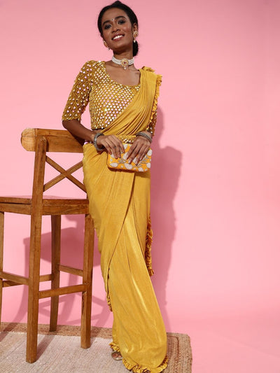 Chhabra 555 Pre-Draped Ready to Wear Ruffled Belted Saree with Sequin Embellishments