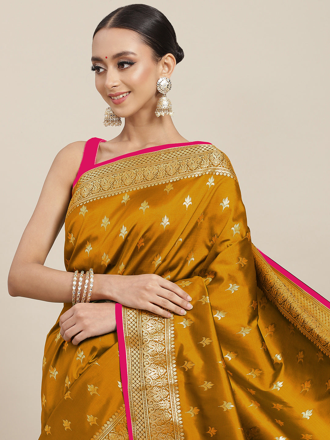 Chhabra 555 Golden Yellow Zari Embellished Silk Blend Gadwal Handloom Saree With Contrast Pallu