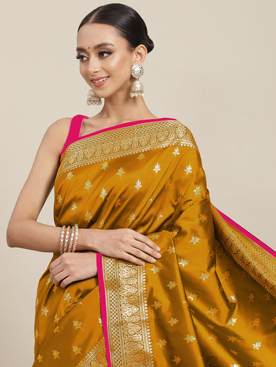 Chhabra 555 Golden Yellow Zari Embellished Silk Blend Gadwal Handloom Saree With Contrast Pallu