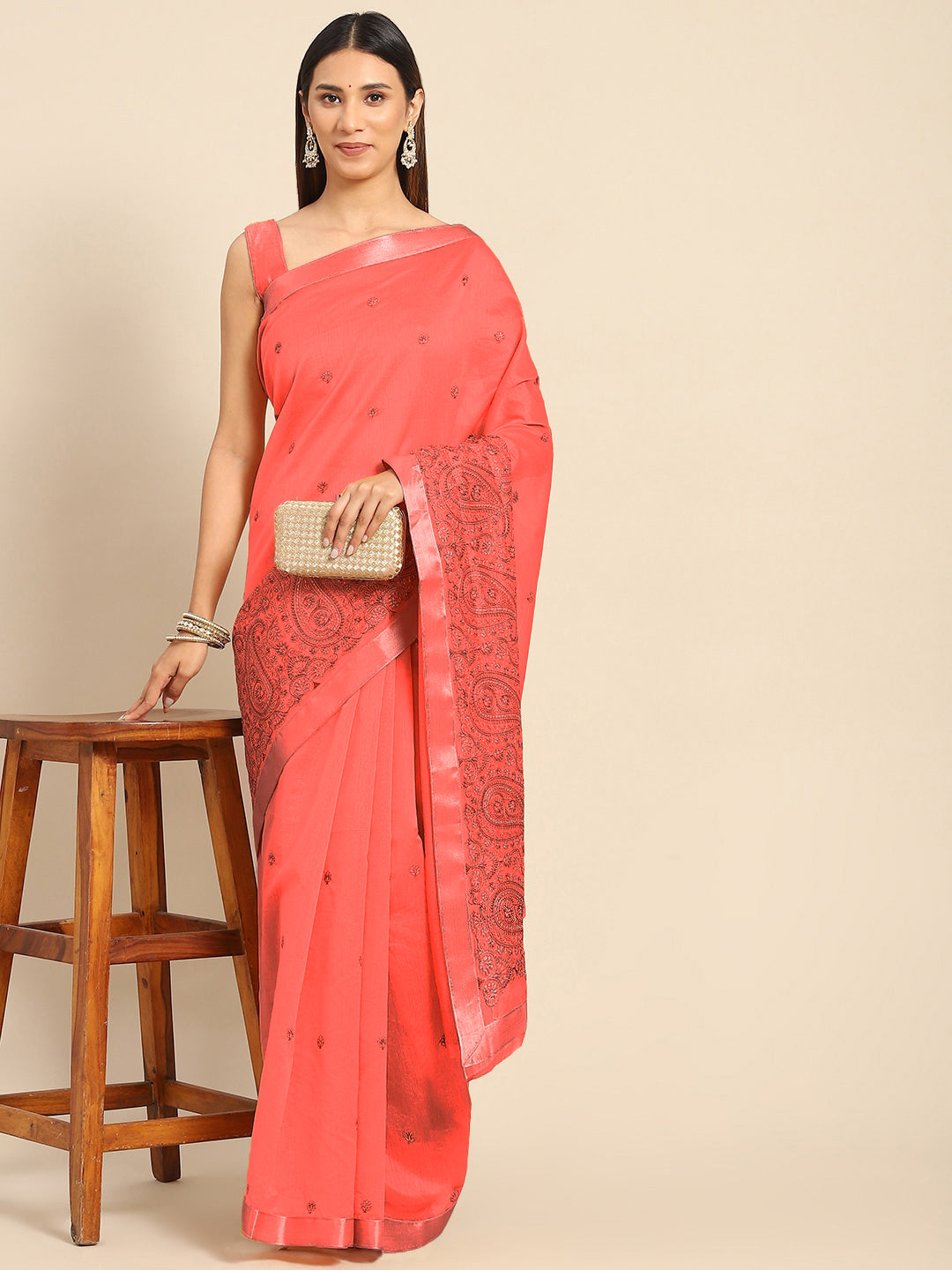 Chhabra 555 Coral Pink Paisley Resham Thread Embroidery Cotton Tussar Saree with Gold Zari Border 