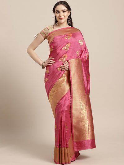 Chhabra 555 Kanjiwaram inspired silk saree with Meenakari weaving in a floral pattern and broad Zari border