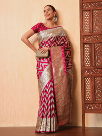 Chhabra 555 Rani Pink Kanjeevaram Banarasi Silk Handwoven Saree with Contemporary Chevron pattern