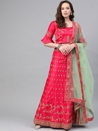 Chhabra 555 Pink Green Silk Semi-stitched Lehenga set with Intricate zari embroidery in floral motifs