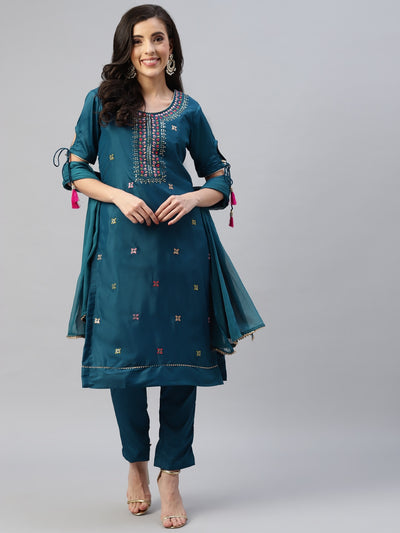 Chhabra 555 Teal Blue Resham Embroidered & Mirror Embellished Crape Unstitched Dress Material Dupatta Set